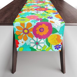 Retro Groovy Hippie Flowers Pattern Table Runner