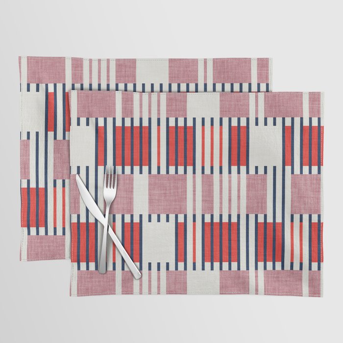 Bold minimalist retro stripes // midnight blue neon red and dry rose geometric grid  Placemat