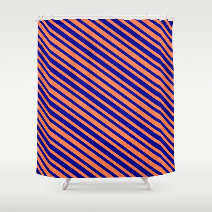 Coral & Dark Blue Colored Stripes Pattern Shower Curtain