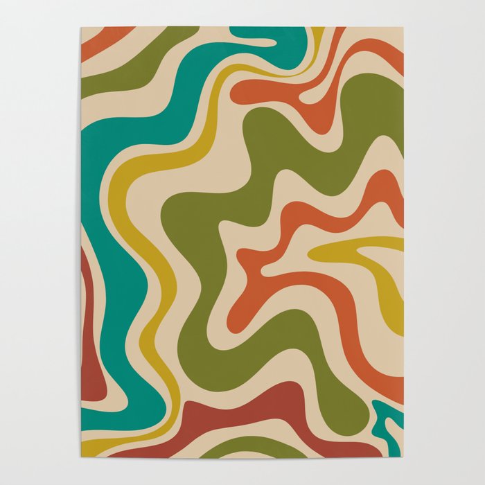 Liquid Swirl Retro Abstract Pattern in Mid Mod Colours on Beige Poster