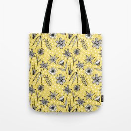 black and white floral on yellow Tote Bag