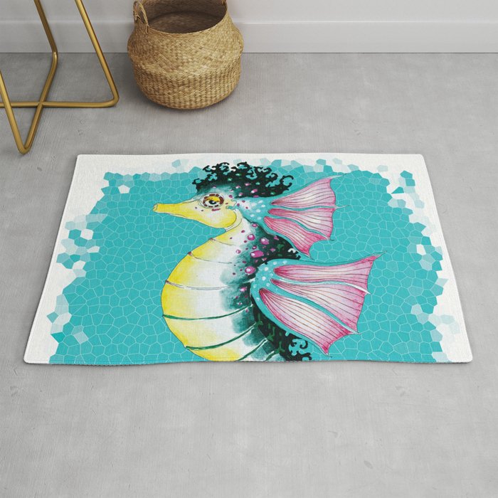 Seahorse Teal Stained Glass Pattern Rug