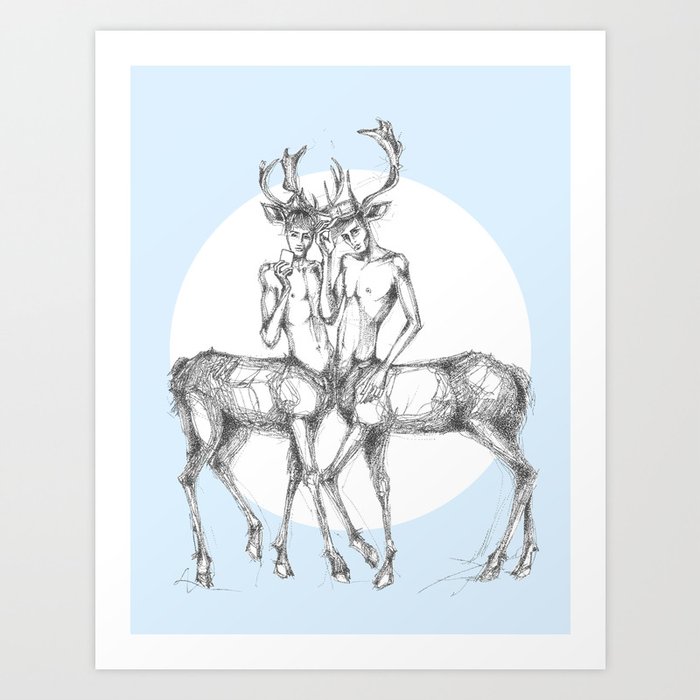2 deer-boys, one is wearing a cap, the other is taking a selfie with his smartphone Art Print