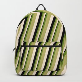 [ Thumbnail: Green, Dark Khaki, Beige & Black Colored Stripes/Lines Pattern Backpack ]