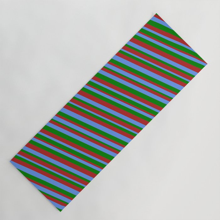 Cornflower Blue, Green & Red Colored Stripes Pattern Yoga Mat