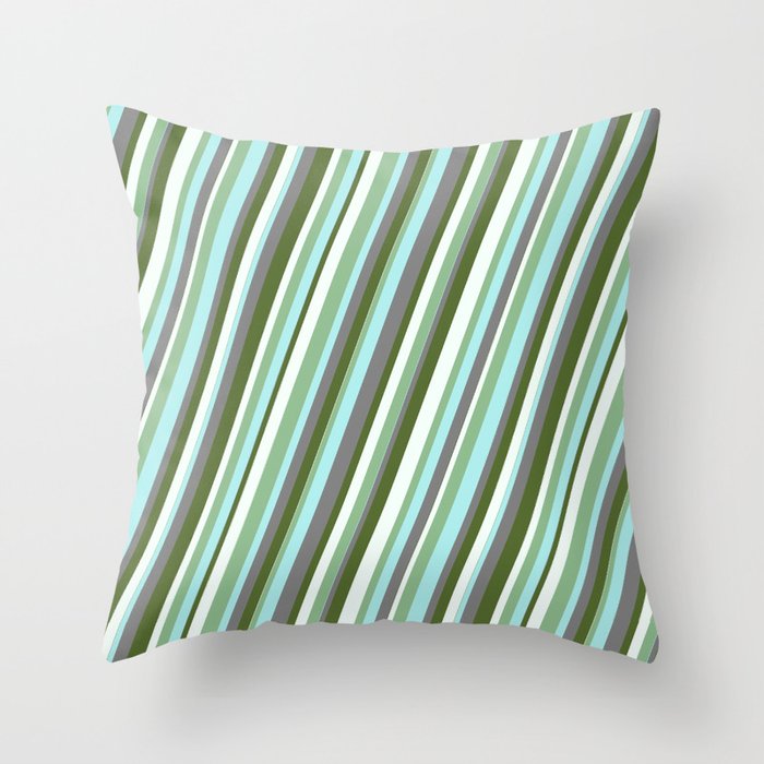 Vibrant Dark Olive Green, Mint Cream, Dark Sea Green, Turquoise & Grey Colored Stripes Pattern Throw Pillow