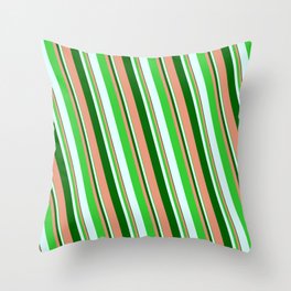 [ Thumbnail: Dark Green, Dark Salmon, Lime Green, and Light Cyan Colored Striped/Lined Pattern Throw Pillow ]