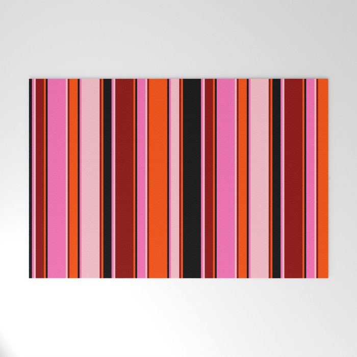 Eye-catching Hot Pink, Black, Red, Dark Red, and Pink Colored Stripes/Lines Pattern Welcome Mat
