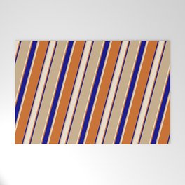 [ Thumbnail: Tan, Beige, Chocolate & Dark Blue Colored Lines Pattern Welcome Mat ]