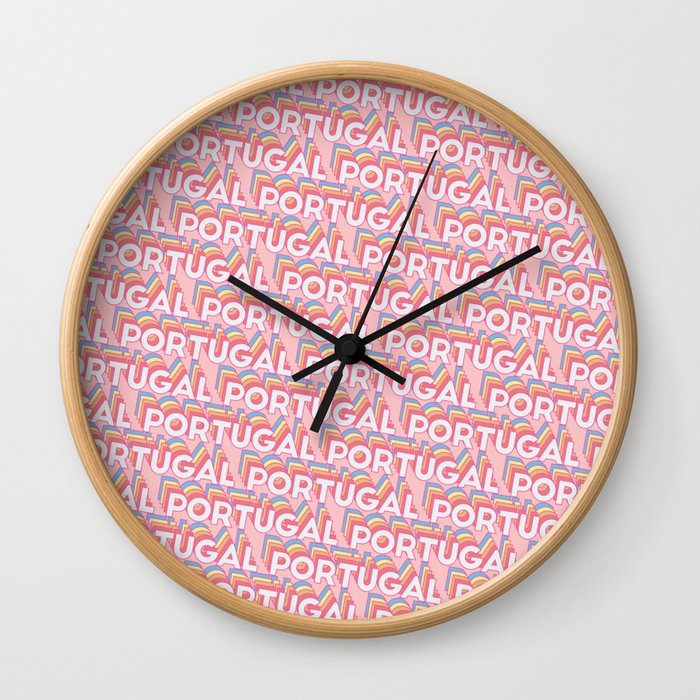 Portugal Trendy Rainbow Text Pattern (Pink) Wall Clock