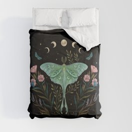 Luna and Forester Comforter | Moth, Flowers, Botanical, Butterfly, Floral, Lunatic, Graphicdesign, Moonmoth, Lunamoth, Forestermoth 