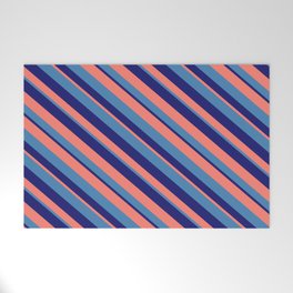 [ Thumbnail: Blue, Midnight Blue, and Salmon Colored Stripes Pattern Welcome Mat ]