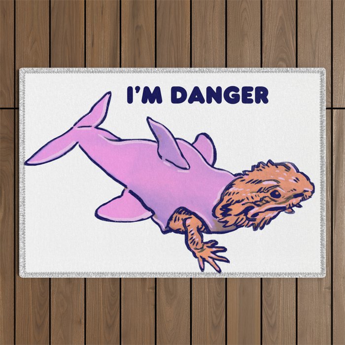 hand drawn bearded dragon lizard in a cute pink shark costume saying i'm danger Outdoor Rug