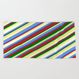 [ Thumbnail: Colorful Tan, Mint Cream, Cornflower Blue, Red, and Dark Green Colored Stripes Pattern Beach Towel ]