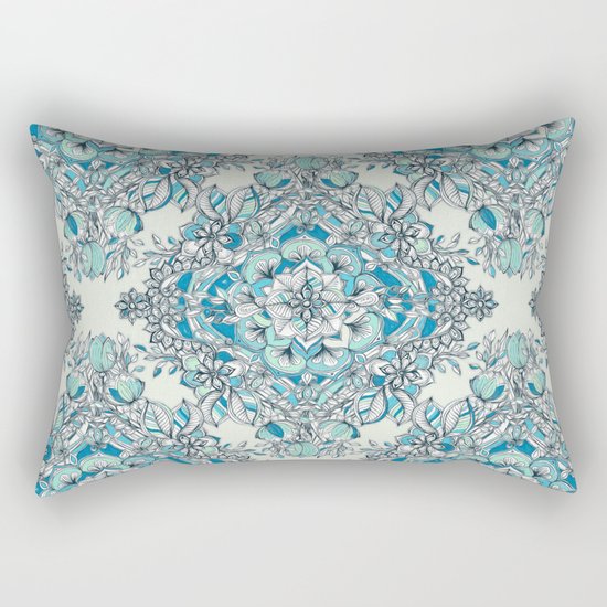 Floral Diamond Doodle in Teal and Turquoise Rectangular Pillow