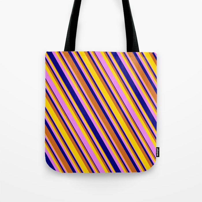 Chocolate, Yellow, Violet, and Blue Colored Lined/Striped Pattern Tote Bag