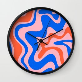 Retro Liquid Swirl Abstract Pattern in Pink, Red-Orange, and Bright Blue Wall Clock