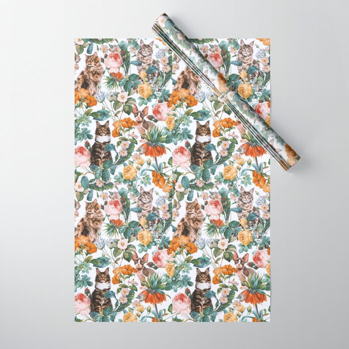 Cat and Floral Pattern III Wrapping Paper