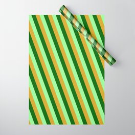 [ Thumbnail: Dark Green, Green & Goldenrod Colored Lined Pattern Wrapping Paper ]