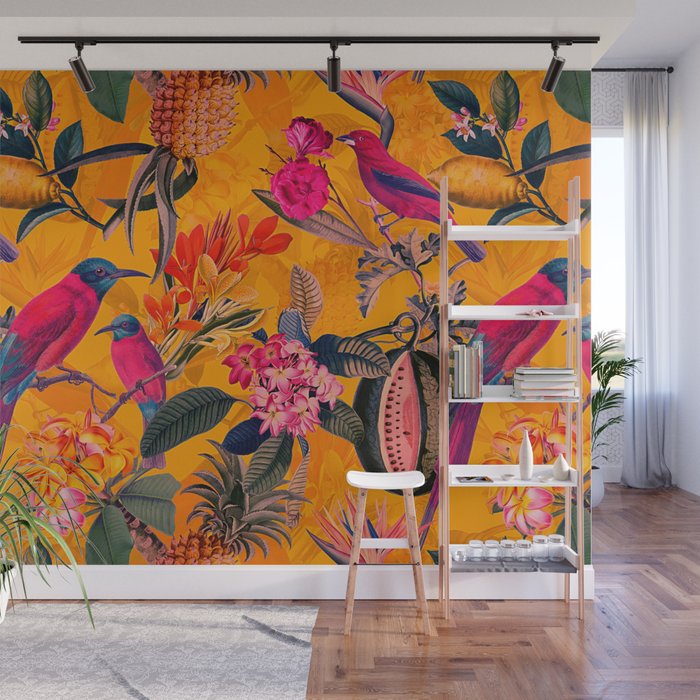 Fleurs de peinture à l'huile et oiseaux Floral Wallpaper Wall Mural,  Abstract Shabby Retro Cherry Branches with Resting Birds Wall Mural Wall  Decor -  France