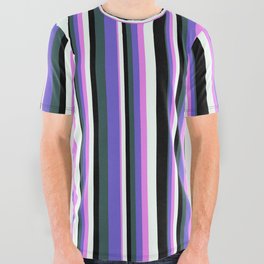 [ Thumbnail: Eyecatching Dark Slate Gray, Slate Blue, Violet, Mint Cream, and Black Colored Pattern of Stripes All Over Graphic Tee ]