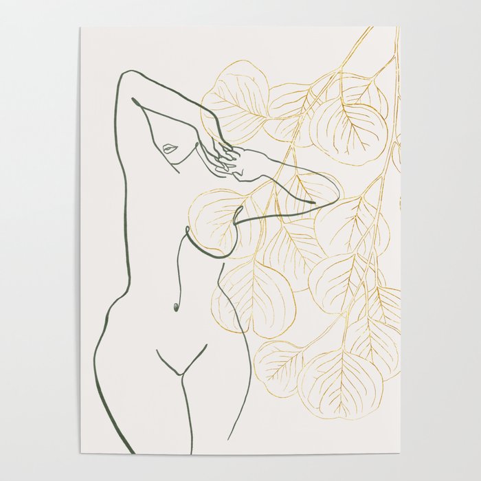 Gold foil eucalyptus nude line art woman green Poster