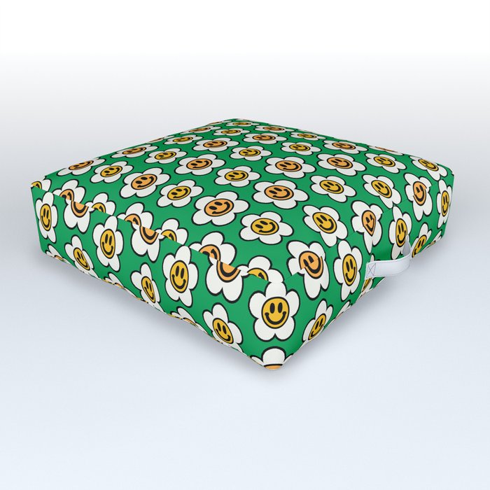Bold And Funky Flower Smileys Pattern (Green BG) Outdoor Floor Cushion