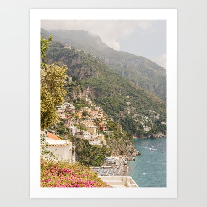 Positano view, houses, sea and little umbrellas | Travel photography Amalfi Coast Italy Europe Art Print