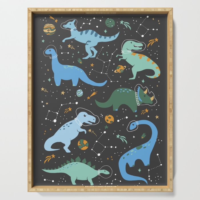 Dinosaurs in Space in Blue Serving Tray