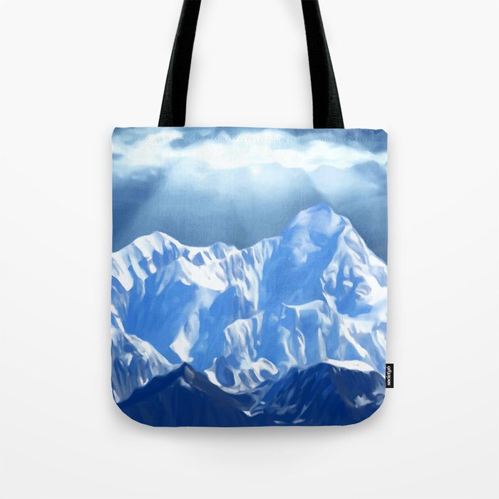SUNLIGHT ON SNOW COVERED MOUNTAINS. Tote Bag