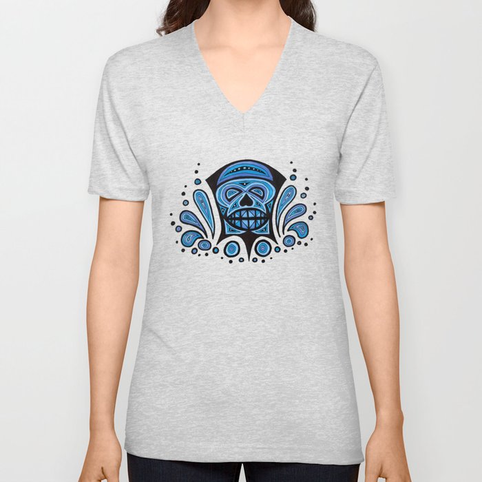 Blue Skull V Neck T Shirt