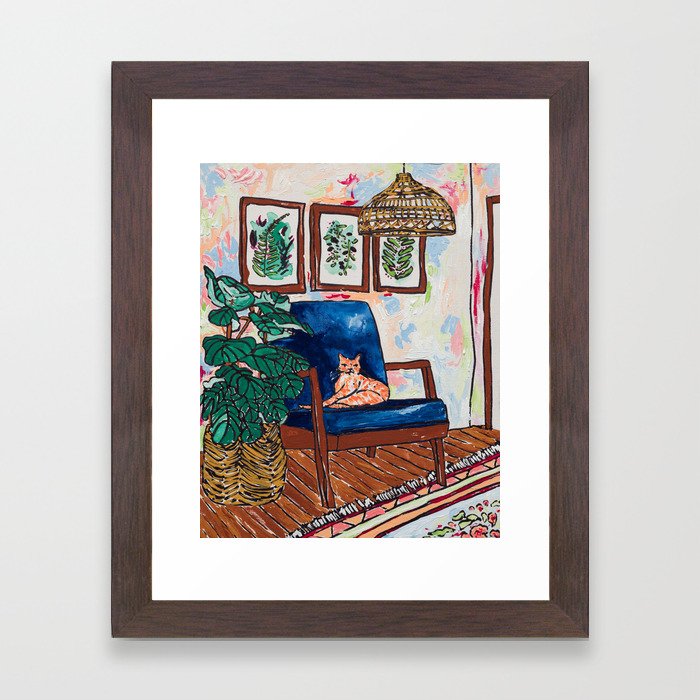 Ginger Cat on Blue Mid Century Chair Painting Framed Art Print