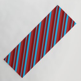 [ Thumbnail: Deep Sky Blue, Red & Dark Red Colored Lines Pattern Yoga Mat ]