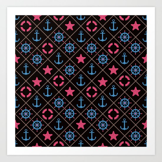 Nautical decor on black background . Art Print