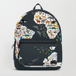 Cartoon animal world map for children, kids, Animals from all over the world, back to school, gray Backpack