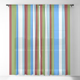 [ Thumbnail: Vibrant Green, Maroon, Sky Blue, White & Blue Colored Stripes Pattern Sheer Curtain ]