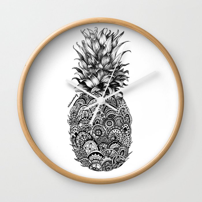 Pineapple Zentangle Black and White Pen Drawing Wall Clock