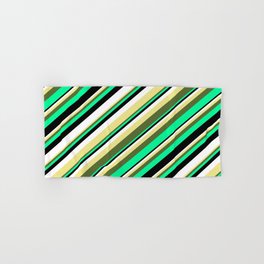 [ Thumbnail: Eyecatching Tan, Dark Olive Green, Green, Black, and White Colored Lines/Stripes Pattern Hand & Bath Towel ]