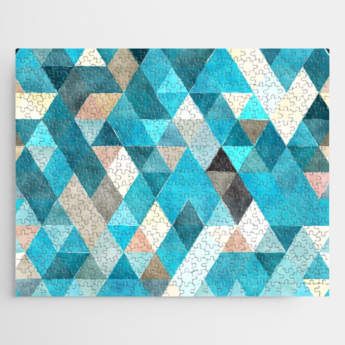 Hand Painted Abstract Navy Blue Pink White Watercolor Triangles Jigsaw Puzzle