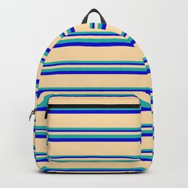 [ Thumbnail: Tan, Light Sea Green & Blue Colored Striped Pattern Backpack ]