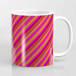 [ Thumbnail: Brown, Chocolate, Fuchsia, and Dark Red Colored Pattern of Stripes Coffee Mug ]