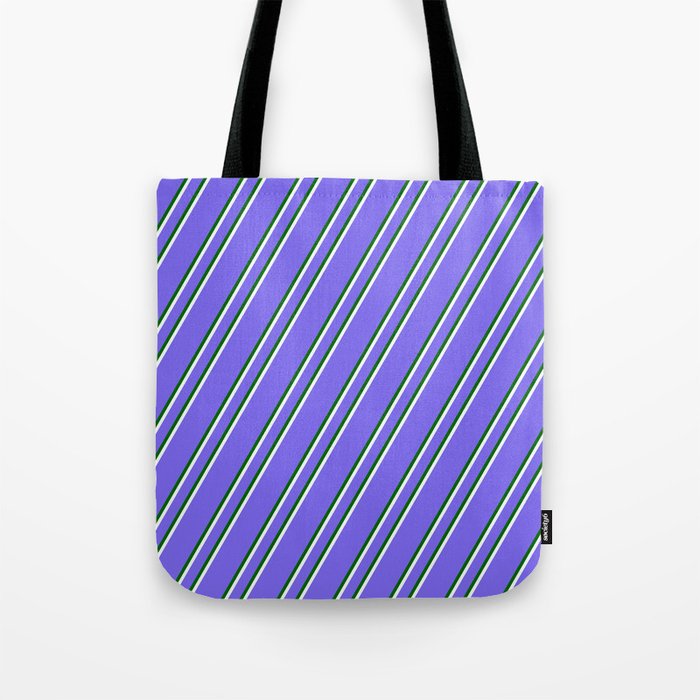 Medium Slate Blue, Dark Green & Mint Cream Colored Lines/Stripes Pattern Tote Bag