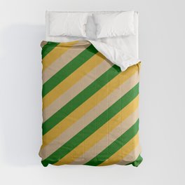 [ Thumbnail: Goldenrod, Tan & Dark Green Colored Lined Pattern Comforter ]