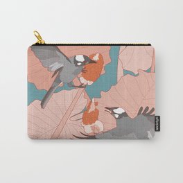 Grey Birds With Pink Leaves Carry-All Pouch | Graphicdesign, Vector, Bulbul, Seedpods, Tropical, Leaves, Sychendesign, Nature, Floral, Plant 