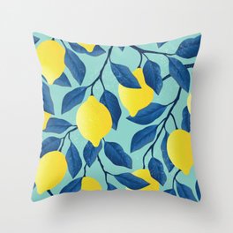 Vintage yellow lemon on the branches with leaves and blue sky hand drawn illustration pattern Throw Pillow