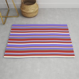[ Thumbnail: Gray, Red, Beige & Medium Slate Blue Colored Stripes Pattern Rug ]