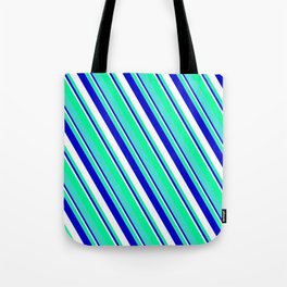 [ Thumbnail: Blue, White, Green, and Turquoise Colored Striped/Lined Pattern Tote Bag ]