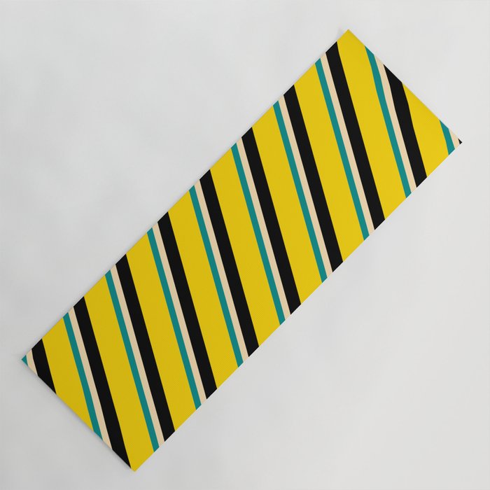 Dark Cyan, Beige, Black & Yellow Colored Stripes/Lines Pattern Yoga Mat