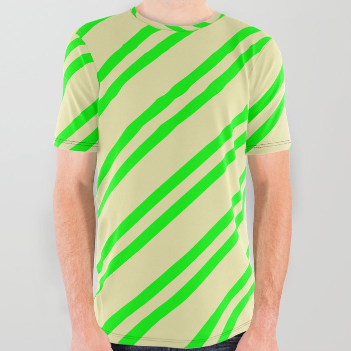Lime and Pale Goldenrod Colored Pattern of Stripes All Over Graphic Tee