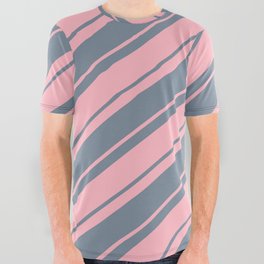 [ Thumbnail: Light Pink & Light Slate Gray Colored Lines Pattern All Over Graphic Tee ]